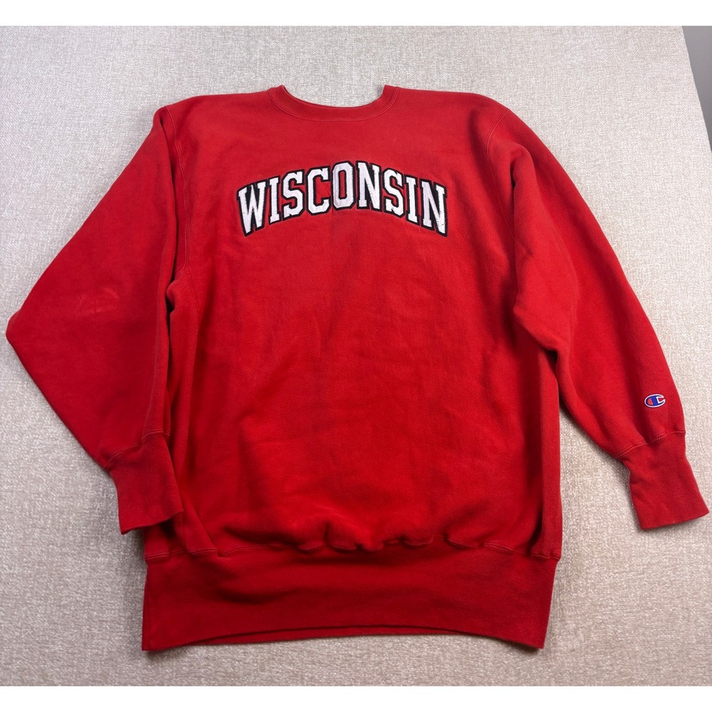 Vintage Champion Reverse Weave Wisconsin Sweatshirt Red Mens XXL Spellout